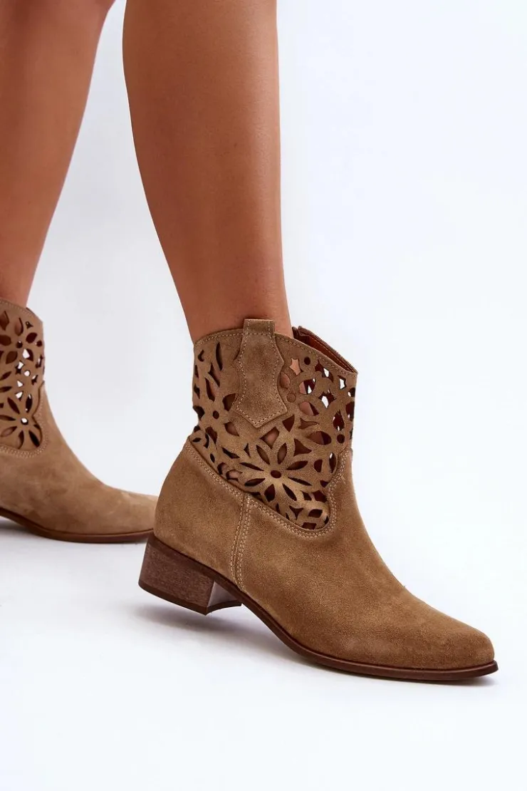 Damskie Boto Zazoo 3404 Ażurowe Botki Kowbojki Na Niskim Obcasie Zamszowe Jasnobeżowe