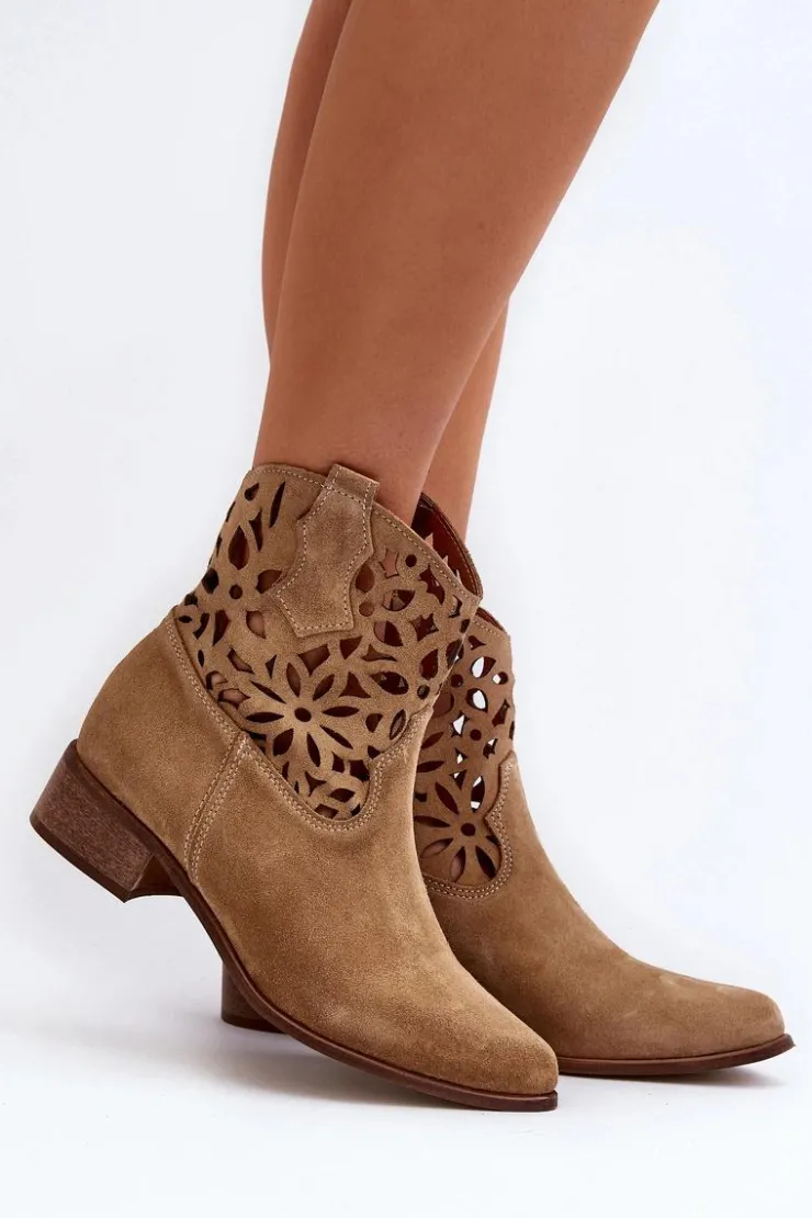 Damskie Boto Zazoo 3404 Ażurowe Botki Kowbojki Na Niskim Obcasie Zamszowe Jasnobeżowe