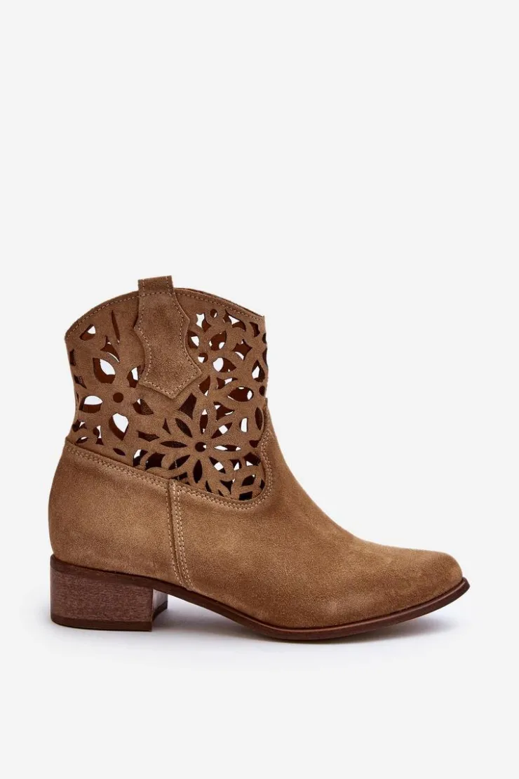 Damskie Boto Zazoo 3404 Ażurowe Botki Kowbojki Na Niskim Obcasie Zamszowe Jasnobeżowe