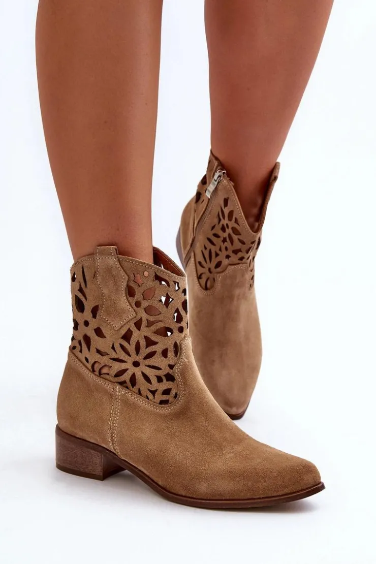 Damskie Boto Zazoo 3404 Ażurowe Botki Kowbojki Na Niskim Obcasie Zamszowe Jasnobeżowe