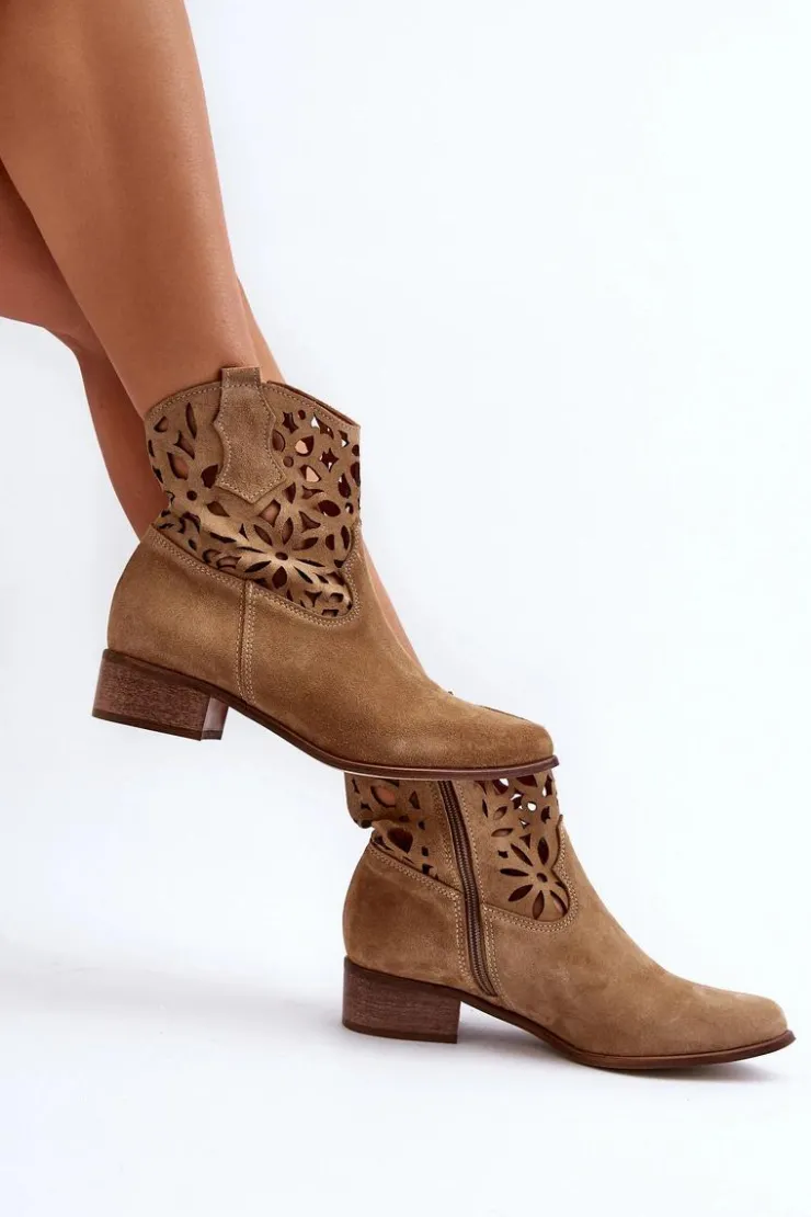 Damskie Boto Zazoo 3404 Ażurowe Botki Kowbojki Na Niskim Obcasie Zamszowe Jasnobeżowe