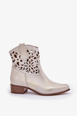 Boto Botki Wiosenne|Botki Na Słupku*Zazoo 3404 Ażurowe Botki Kowbojki Na Niskim Obcasie Skórzane Złoty Przecierany