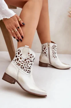 Boto Botki Wiosenne|Botki Na Słupku*Zazoo 3404 Ażurowe Botki Kowbojki Na Niskim Obcasie Skórzane Złoty Przecierany