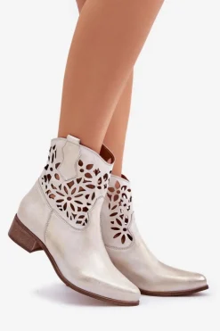 Boto Botki Wiosenne|Botki Na Słupku*Zazoo 3404 Ażurowe Botki Kowbojki Na Niskim Obcasie Skórzane Złoty Przecierany