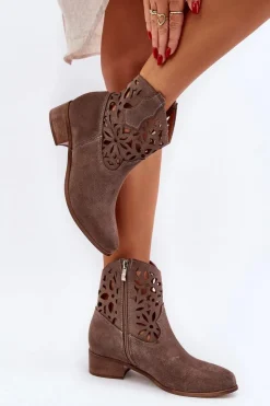 Damskie Boto Zazoo 3404 Ażurowe Botki Kowbojki Na Niskim Obcasie Zamszowe Brązowe
