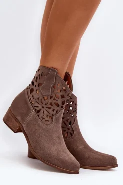 Damskie Boto Zazoo 3404 Ażurowe Botki Kowbojki Na Niskim Obcasie Zamszowe Brązowe