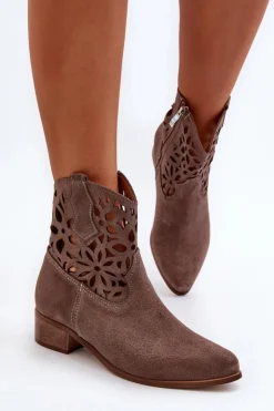 Damskie Boto Zazoo 3404 Ażurowe Botki Kowbojki Na Niskim Obcasie Zamszowe Brązowe
