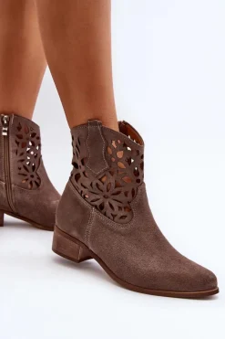 Damskie Boto Zazoo 3404 Ażurowe Botki Kowbojki Na Niskim Obcasie Zamszowe Brązowe