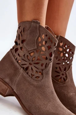 Damskie Boto Zazoo 3404 Ażurowe Botki Kowbojki Na Niskim Obcasie Zamszowe Brązowe