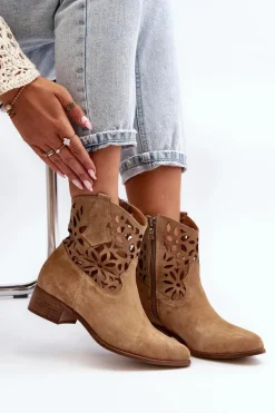 Damskie Boto Zazoo 3404 Ażurowe Botki Kowbojki Na Niskim Obcasie Zamszowe Beżowe