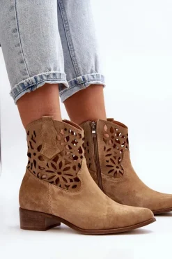 Damskie Boto Zazoo 3404 Ażurowe Botki Kowbojki Na Niskim Obcasie Zamszowe Beżowe