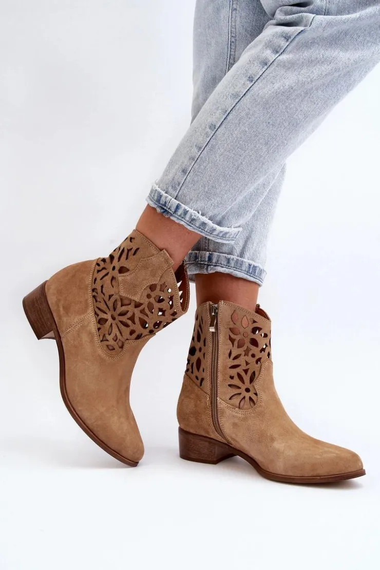 Damskie Boto Zazoo 3404 Ażurowe Botki Kowbojki Na Niskim Obcasie Zamszowe Beżowe