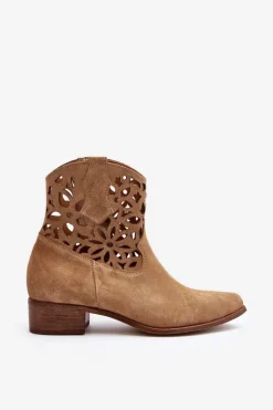Damskie Boto Zazoo 3404 Ażurowe Botki Kowbojki Na Niskim Obcasie Zamszowe Beżowe