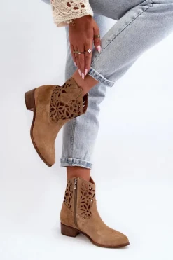 Damskie Boto Zazoo 3404 Ażurowe Botki Kowbojki Na Niskim Obcasie Zamszowe Beżowe