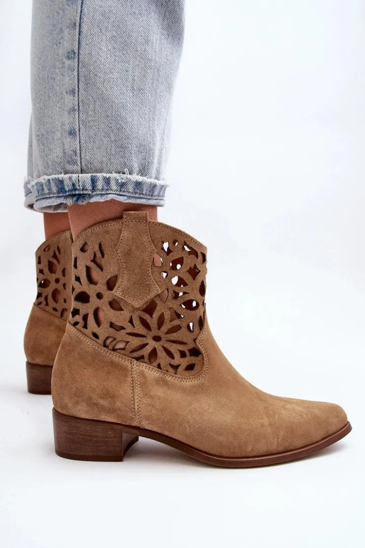 Damskie Boto Zazoo 3404 Ażurowe Botki Kowbojki Na Niskim Obcasie Zamszowe Beżowe