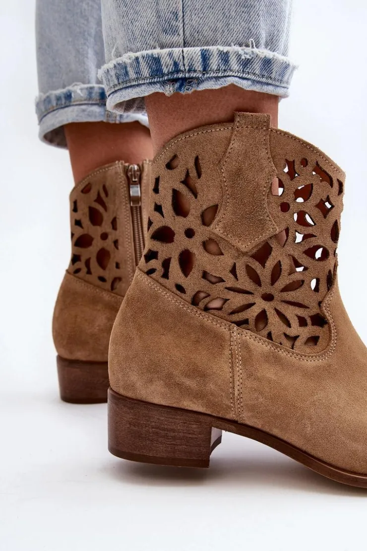 Damskie Boto Zazoo 3404 Ażurowe Botki Kowbojki Na Niskim Obcasie Zamszowe Beżowe