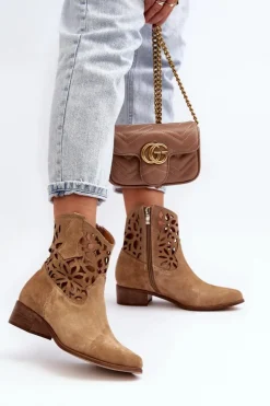 Damskie Boto Zazoo 3404 Ażurowe Botki Kowbojki Na Niskim Obcasie Zamszowe Beżowe