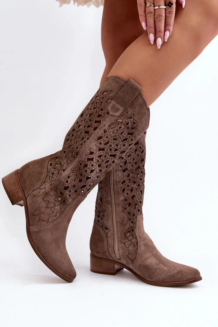 Damskie Zazoo 3403 Ażurowe Kozaki Damskie Na Niskim Obcasie Ciemnobeżowe