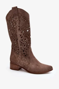 Damskie Zazoo 3403 Ażurowe Kozaki Damskie Na Niskim Obcasie Ciemnobeżowe