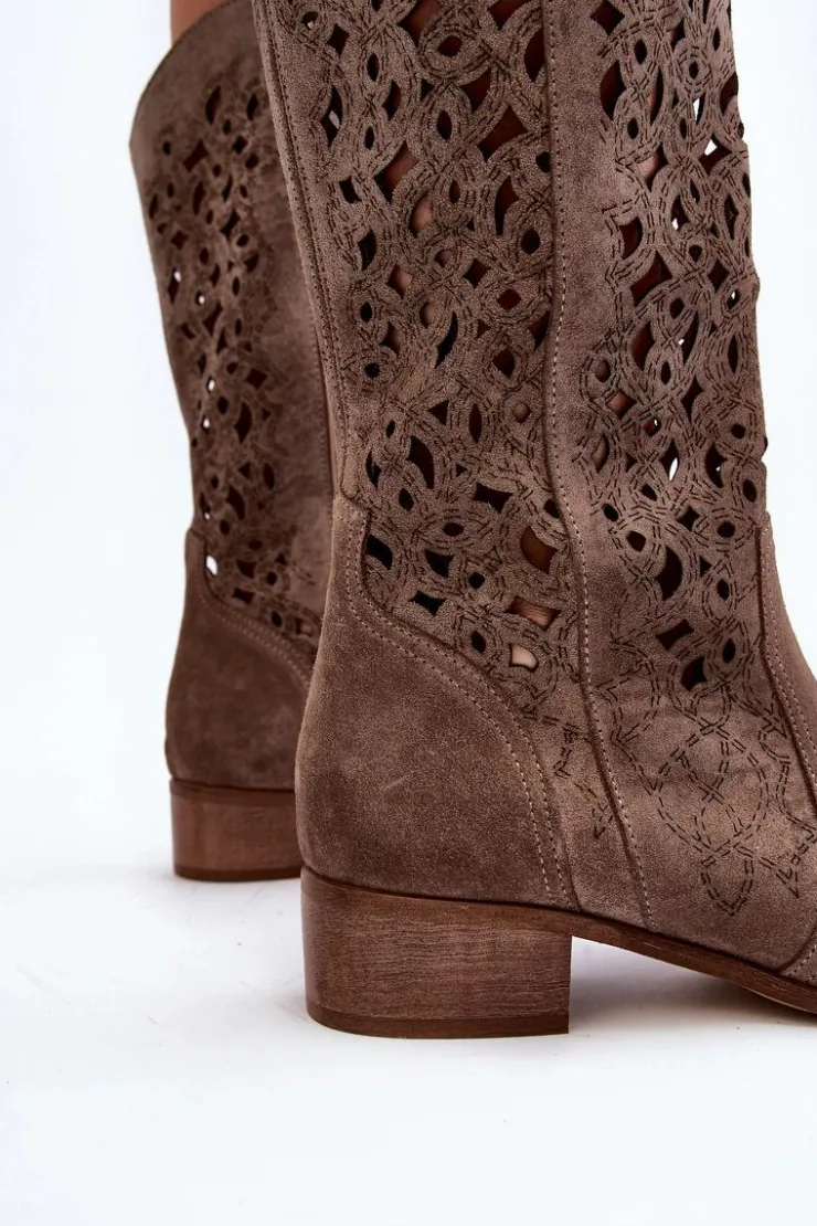 Damskie Zazoo 3403 Ażurowe Kozaki Damskie Na Niskim Obcasie Ciemnobeżowe