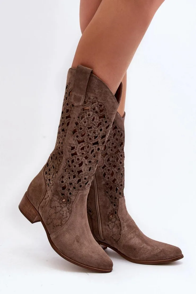 Damskie Zazoo 3403 Ażurowe Kozaki Damskie Na Niskim Obcasie Ciemnobeżowe