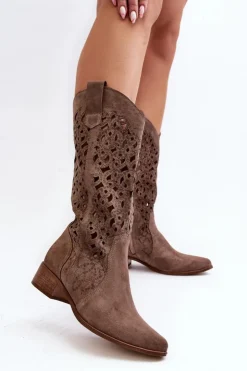 Damskie Zazoo 3403 Ażurowe Kozaki Damskie Na Niskim Obcasie Ciemnobeżowe