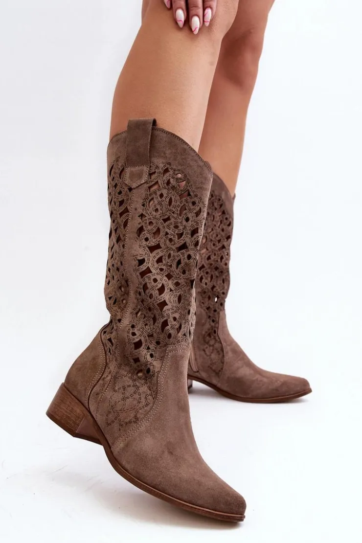 Damskie Zazoo 3403 Ażurowe Kozaki Damskie Na Niskim Obcasie Ciemnobeżowe