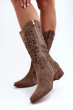 Damskie Zazoo 3403 Ażurowe Kozaki Damskie Na Niskim Obcasie Ciemnobeżowe
