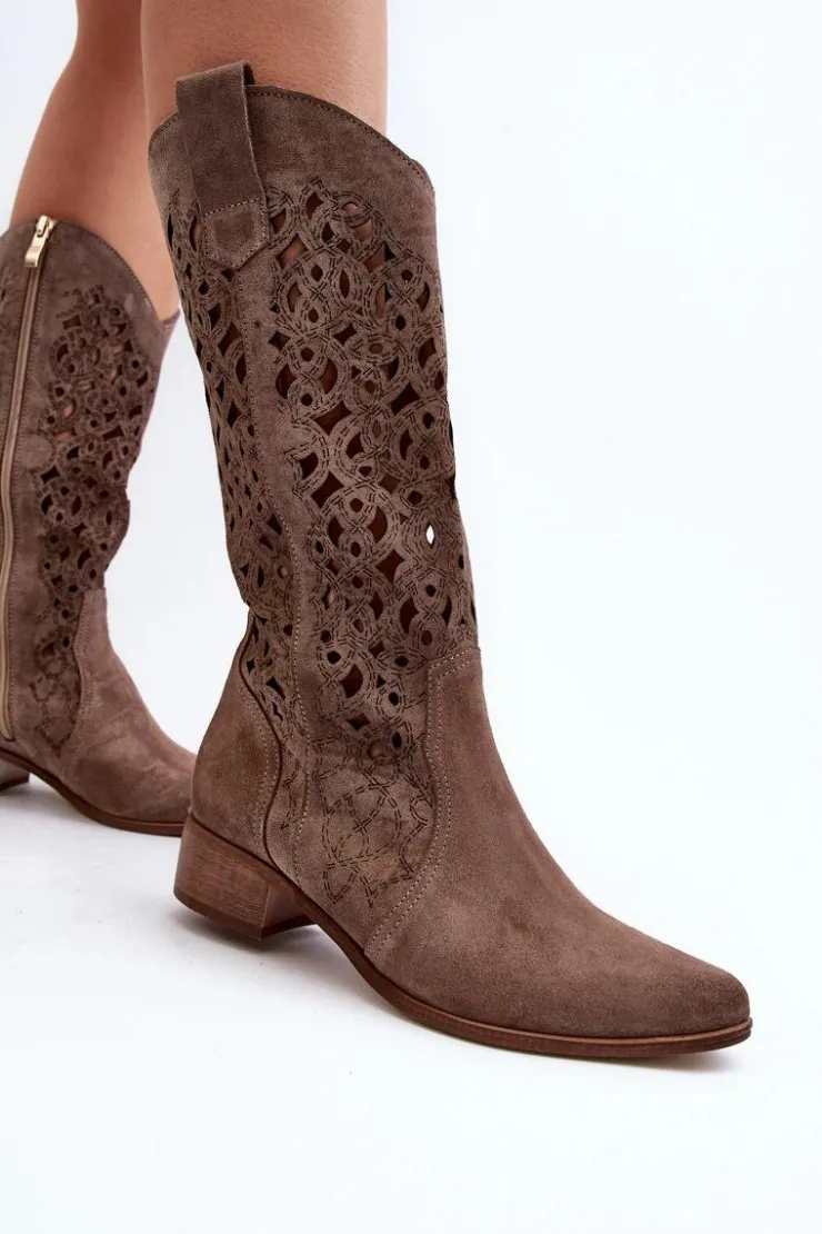 Damskie Zazoo 3403 Ażurowe Kozaki Damskie Na Niskim Obcasie Ciemnobeżowe