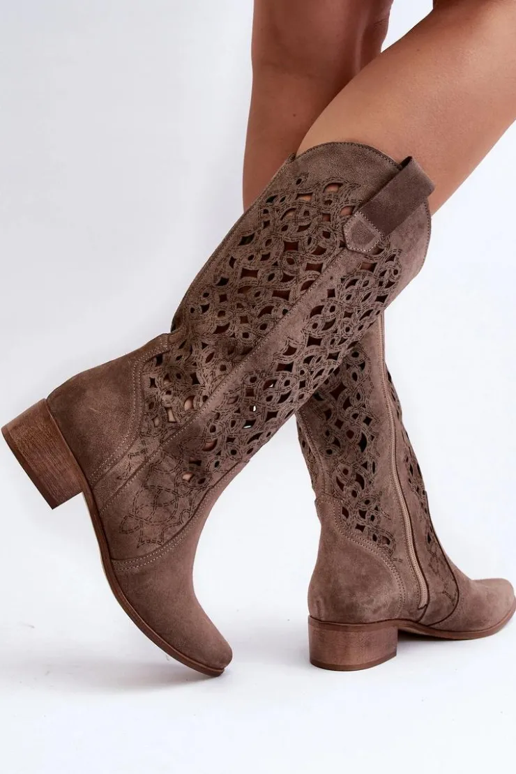 Damskie Zazoo 3403 Ażurowe Kozaki Damskie Na Niskim Obcasie Ciemnobeżowe