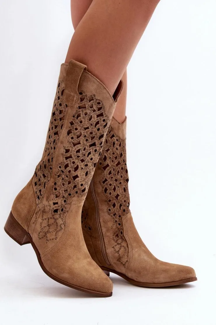 Damskie Zazoo 3403 Ażurowe Kozaki Damskie Na Niskim Obcasie Beżowe