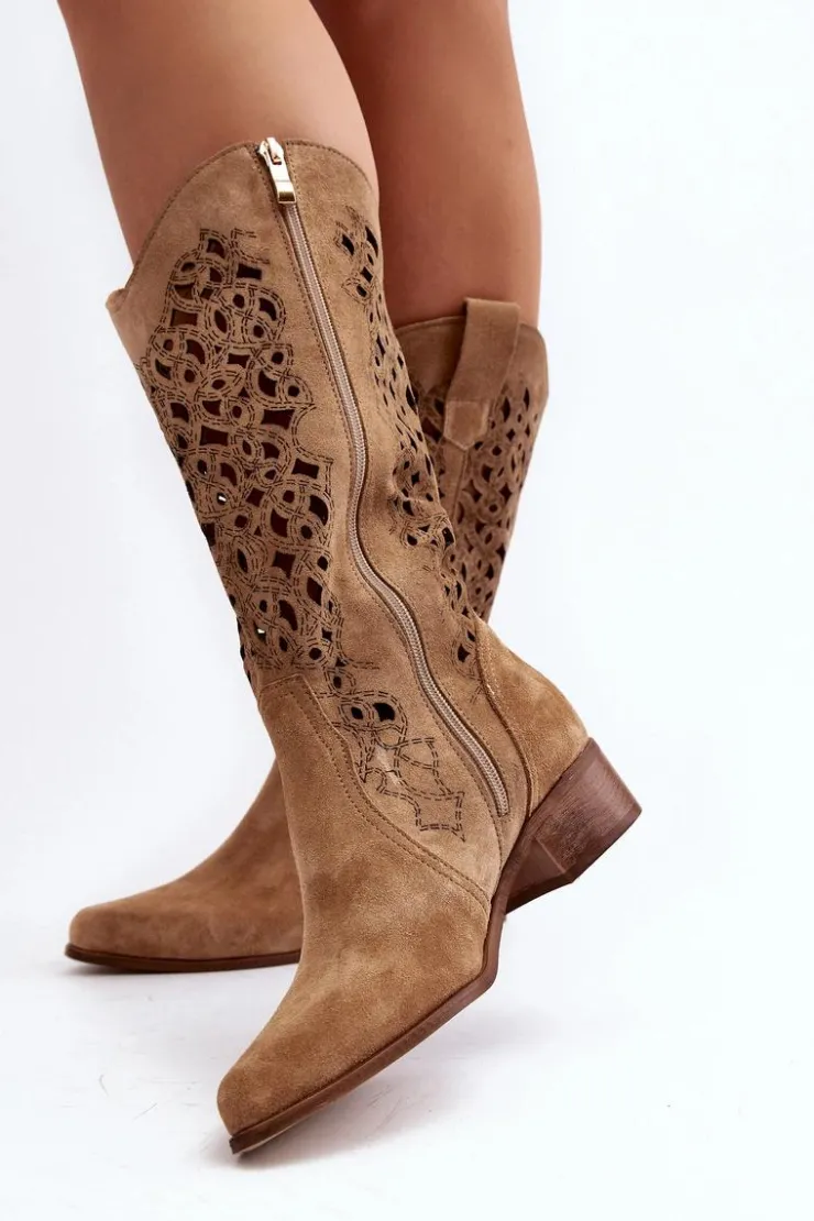 Damskie Zazoo 3403 Ażurowe Kozaki Damskie Na Niskim Obcasie Beżowe