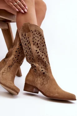 Damskie Zazoo 3403 Ażurowe Kozaki Damskie Na Niskim Obcasie Beżowe