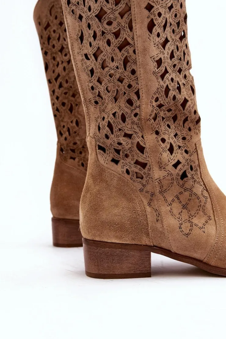 Damskie Zazoo 3403 Ażurowe Kozaki Damskie Na Niskim Obcasie Beżowe