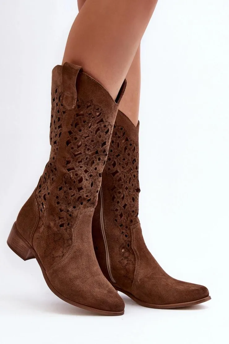Zazoo Kozaki Wiosenne|Kozaki Ażurowe*3403 Ażurowe Kozaki Damskie Na Niskim Obcasie Brązowe