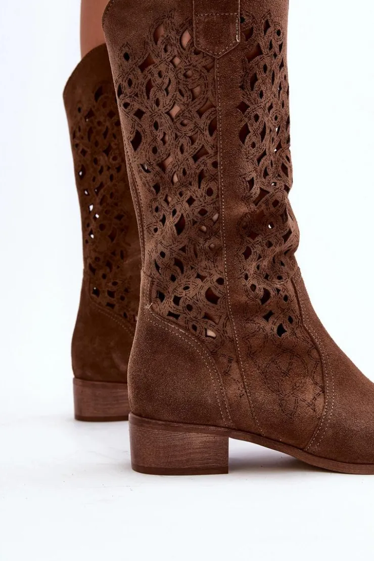 Zazoo Kozaki Wiosenne|Kozaki Ażurowe*3403 Ażurowe Kozaki Damskie Na Niskim Obcasie Brązowe