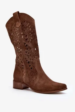 Zazoo Kozaki Wiosenne|Kozaki Ażurowe*3403 Ażurowe Kozaki Damskie Na Niskim Obcasie Brązowe