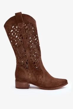 Zazoo Kozaki Wiosenne|Kozaki Ażurowe*3403 Ażurowe Kozaki Damskie Na Niskim Obcasie Brązowe
