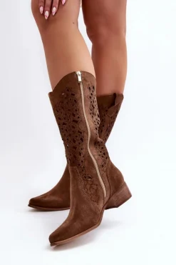 Zazoo Kozaki Wiosenne|Kozaki Ażurowe*3403 Ażurowe Kozaki Damskie Na Niskim Obcasie Brązowe