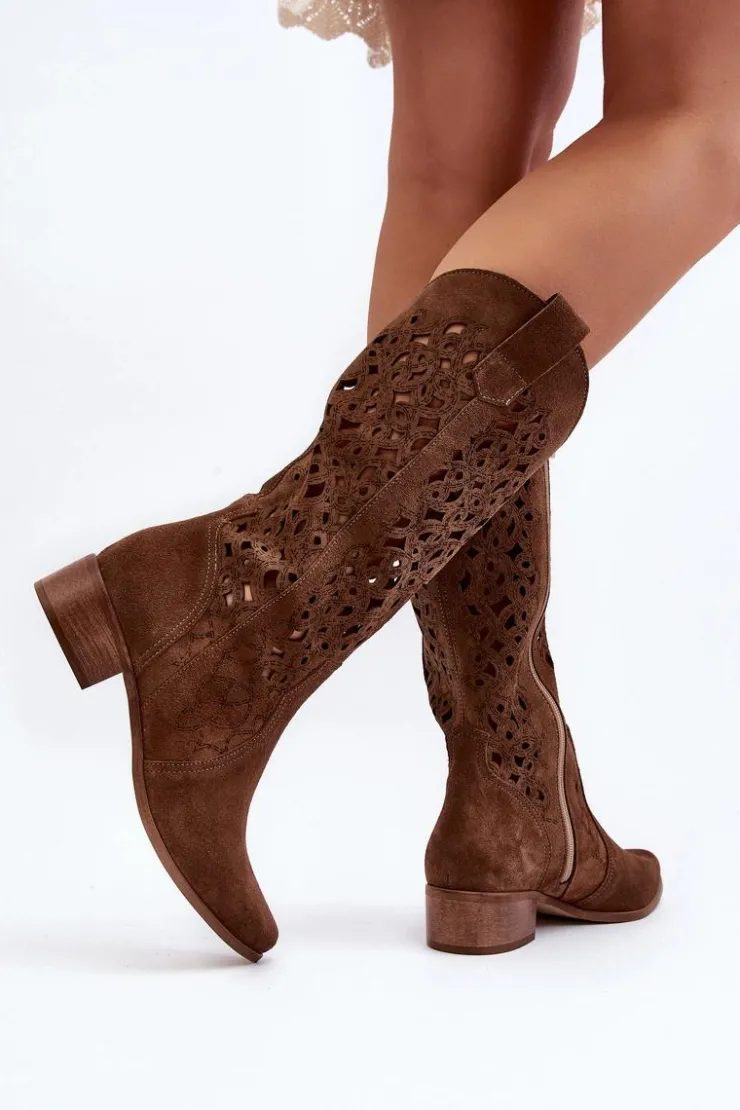 Zazoo Kozaki Wiosenne|Kozaki Ażurowe*3403 Ażurowe Kozaki Damskie Na Niskim Obcasie Brązowe