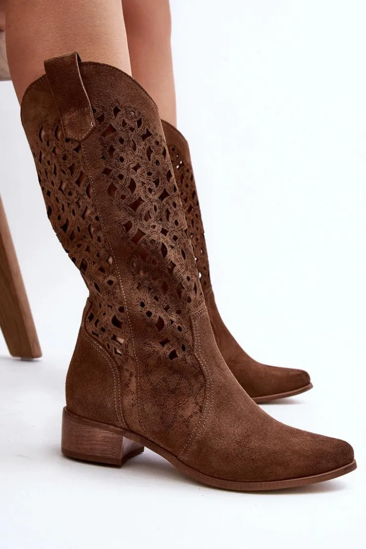 Zazoo Kozaki Wiosenne|Kozaki Ażurowe*3403 Ażurowe Kozaki Damskie Na Niskim Obcasie Brązowe