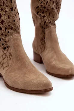 Hot Zazoo 3403 Ażurowe Kozaki Damskie Na Niskim Obcasie Jasnobeżowe