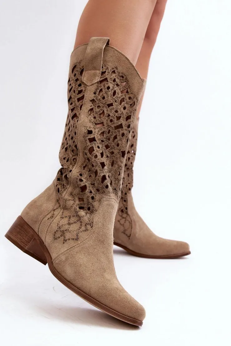 Hot Zazoo 3403 Ażurowe Kozaki Damskie Na Niskim Obcasie Jasnobeżowe