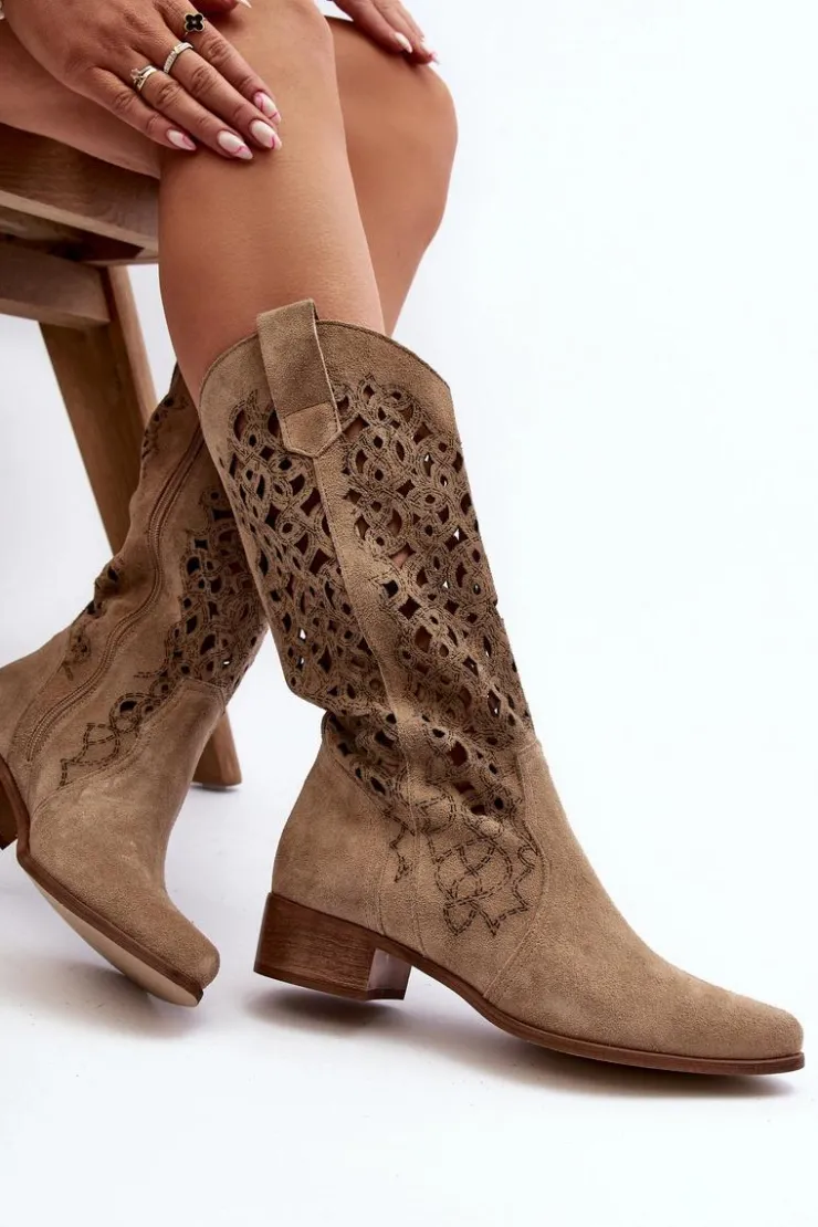 Hot Zazoo 3403 Ażurowe Kozaki Damskie Na Niskim Obcasie Jasnobeżowe