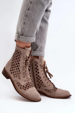 Zazoo Botki Wiosenne|Botki Skórzane*2695 Ażurowe Skórzane Botki Beżowe Beżowy