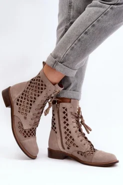 Zazoo Botki Wiosenne|Botki Skórzane*2695 Ażurowe Skórzane Botki Beżowe Beżowy