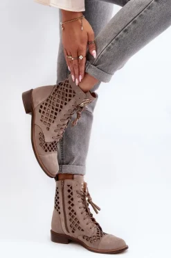 Zazoo Botki Wiosenne|Botki Skórzane*2695 Ażurowe Skórzane Botki Beżowe Beżowy