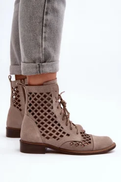 Zazoo Botki Wiosenne|Botki Skórzane*2695 Ażurowe Skórzane Botki Beżowe Beżowy