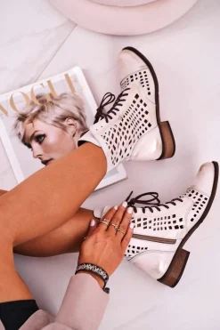 Zazoo Botki Wiosenne|Botki Skórzane*2627 Ażurowe Skórzane Botki Biało-Srebrne