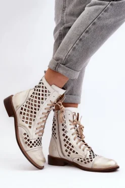 Damskie Zazoo 2695 Ażurowe Skórzane Botki Przecierany